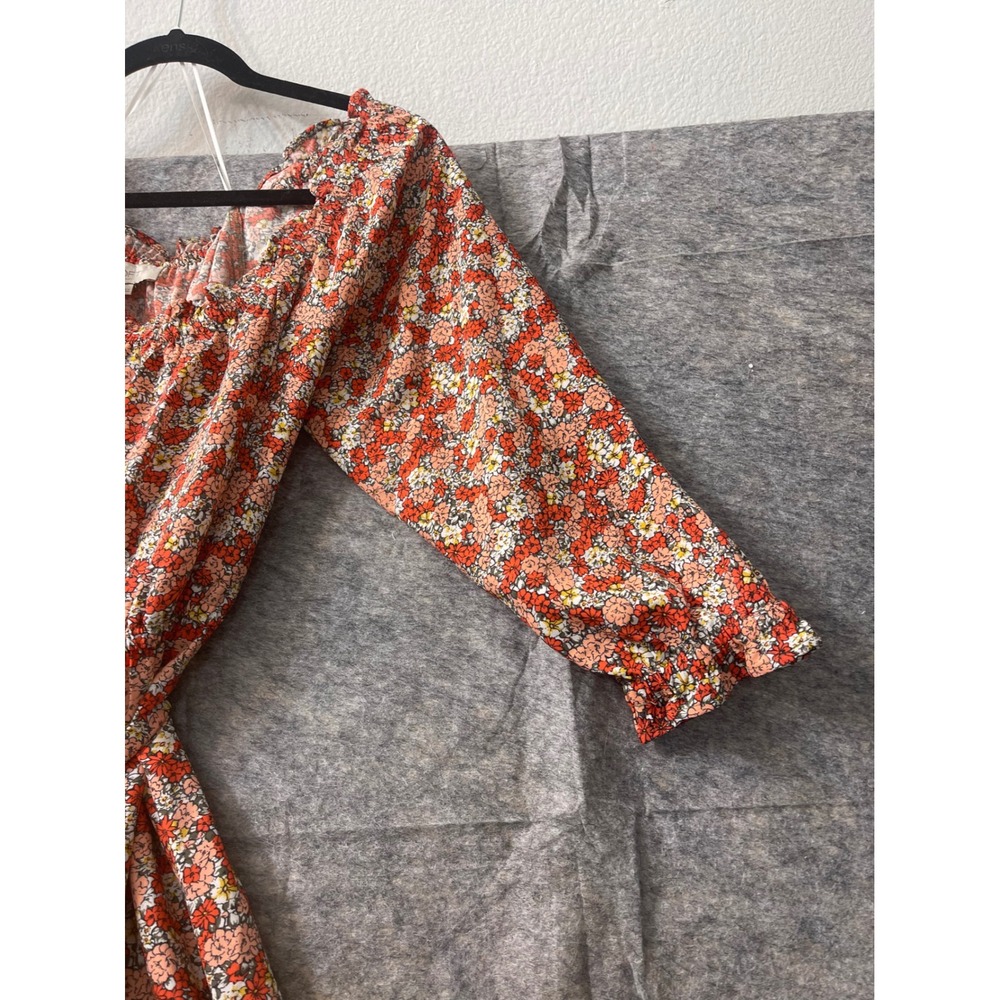 LOFT Outlet Orange Red Floral Long Sleeve Mini Dress Belted Size 2 - Picture 6 of 15